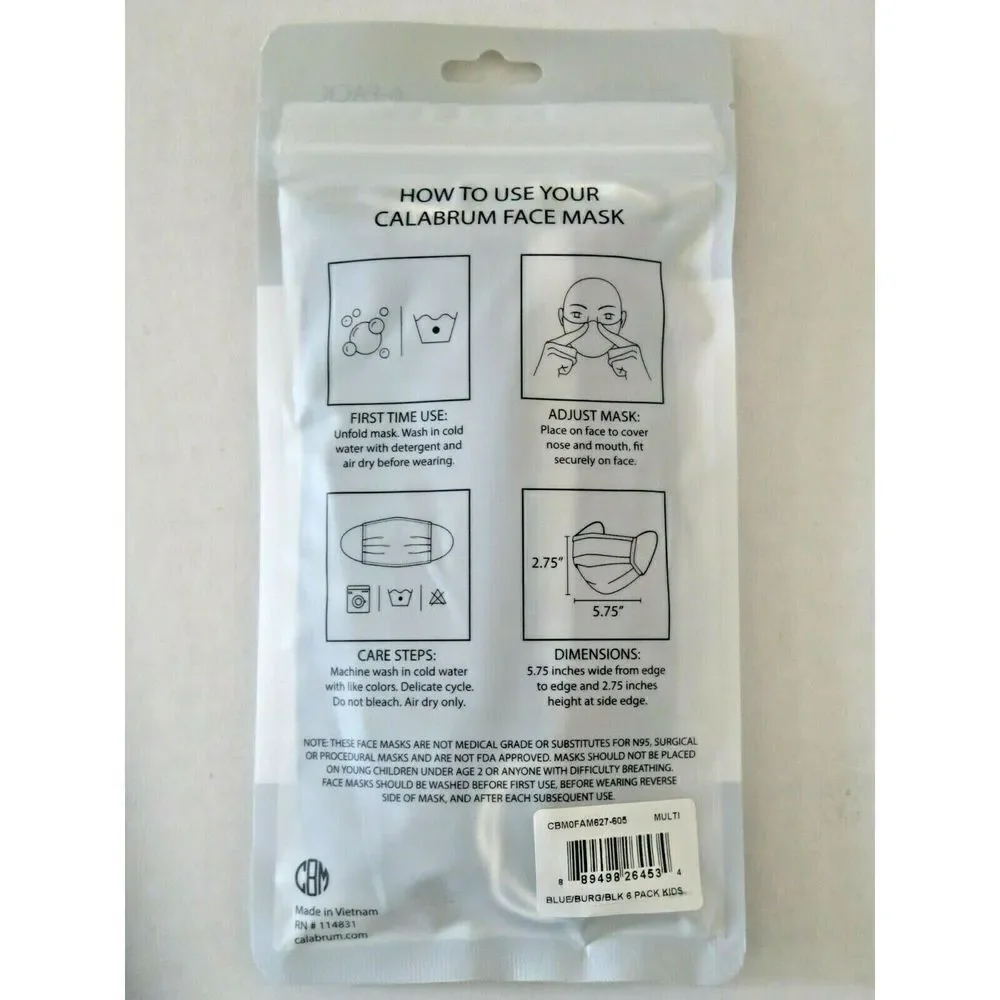 Calabrum Face Masks Reusable 6 Pack Kids 3+Reversible Cotton Blue Burgundy Black